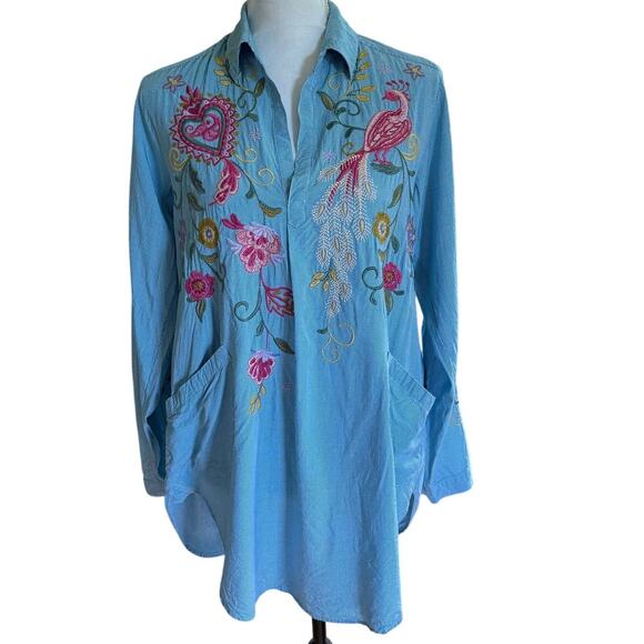 Johnny Was Embroidered Ashlee Henley Popover SZ S Gingham Boho Cottagecore - Picture 1 of 8
